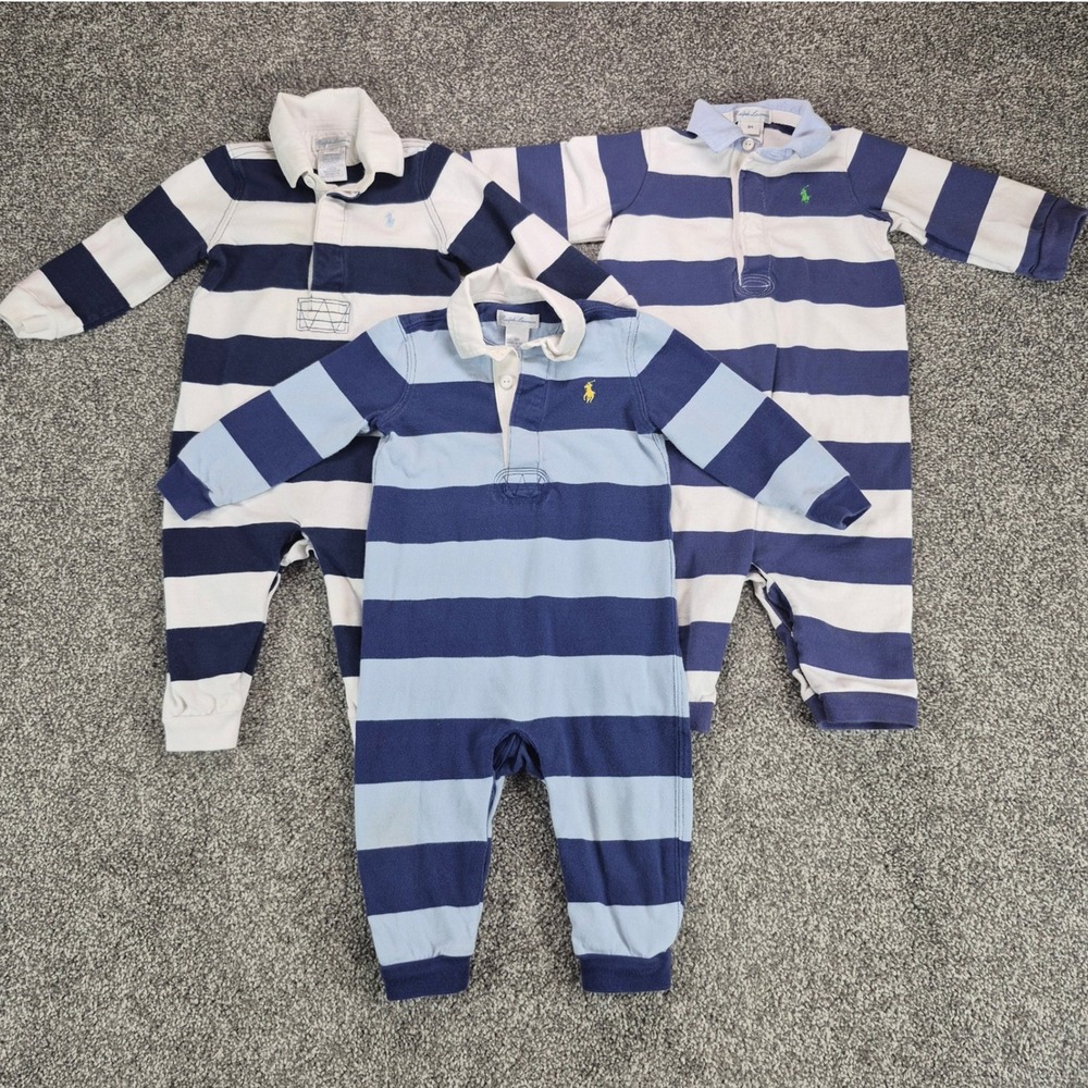 Lot of 3 Ralph Lauren Rugby Coveralls Baby 9M Blue Striped Cotton Polo